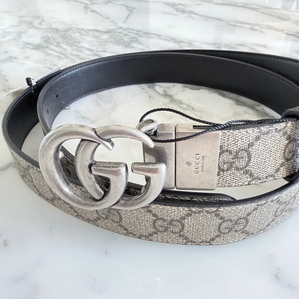 Gucci 643847 Reversible Brown Leather & Tan GG Buckle Belt, 115 cm